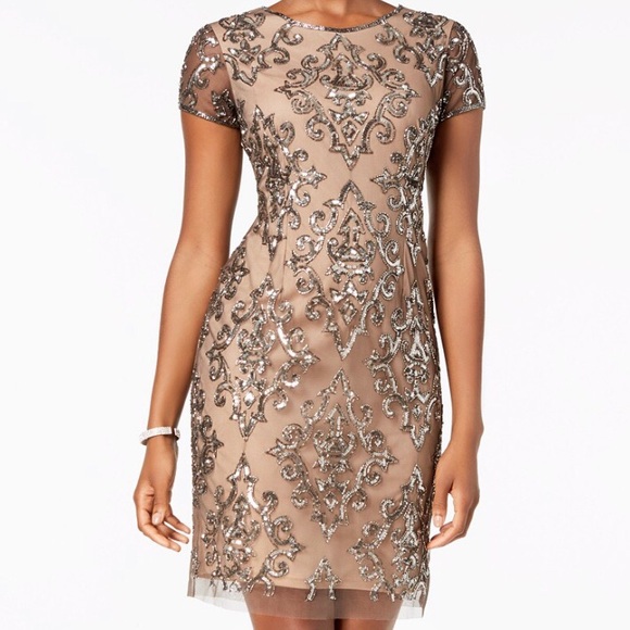 Adrianna Papell Womens Lace and Sequin Cocktail Dress